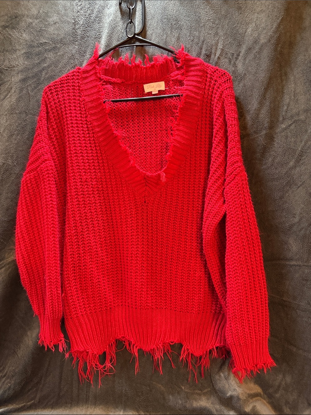 Pink Lily Red Distressed V-Neck Chunky Knit Sweater